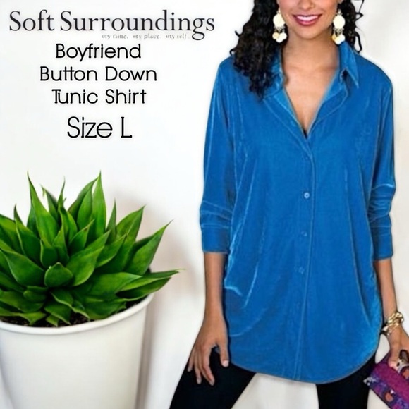 Soft Surroundings Tops - Soft Surroundings Blue Velour Boyfriend Button Down Tunic Shirt